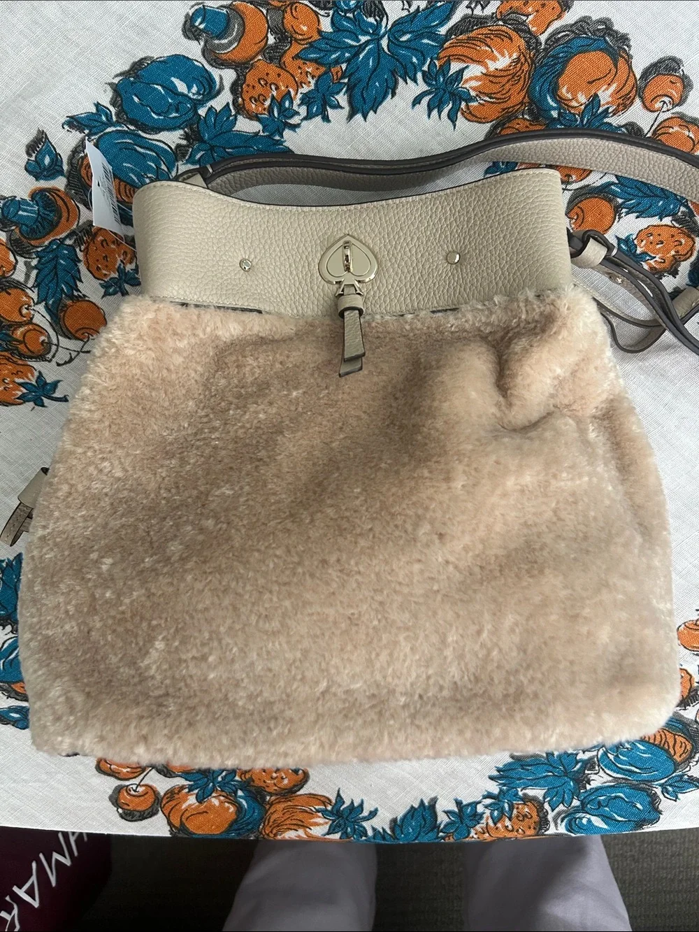 kate spade Soft Beige Shearling Shoulder Bag with Leather Trim